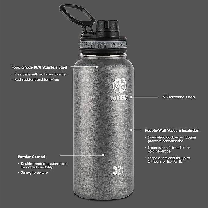 Takeya Originals 24 oz Vacuum Insulated Stainless Steel Water Bottle - Leakproof & BPA-Free Spout Lid - Keeps Drinks Cold 24 Hrs/Hot 12 Hrs - Double-Wall Design - Ideal for Active Lifestyles, Graphite