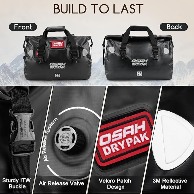 OSAH DRYPAK Waterproof Duffel Bag - Motorcycle Dry Bag Tail Bag with Large Storage Space, Waterproof Luggage Duffle Bags with Outer Mesh Zipper Pocket for Camping, Kayaking, Fishing & Traveling