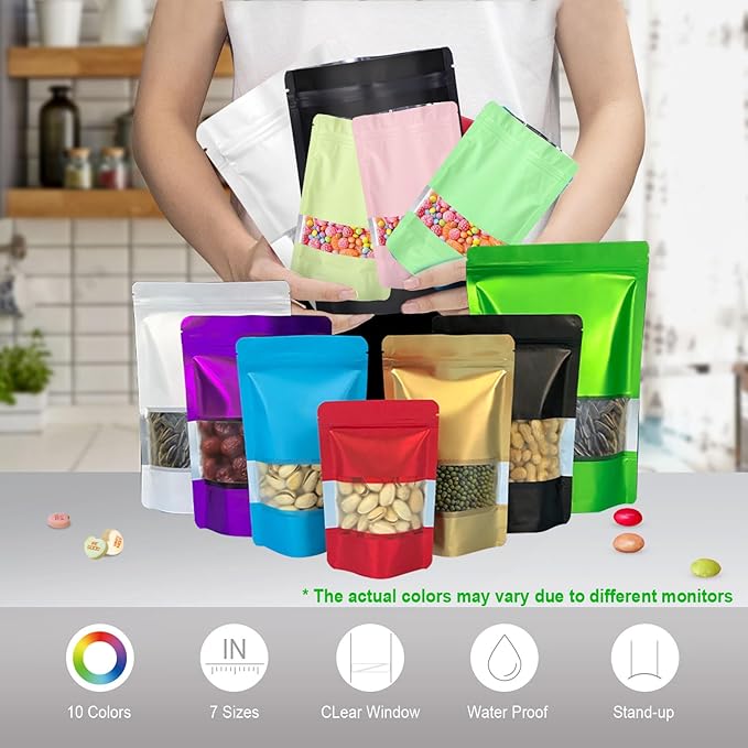 5.9"x8.6" 120pcs Mylar Bags for Food Storage,Smell Proof Bag with Matte Window Resealable Food Storage Bags for Small Business, Stand-up Foil Pouch Packaging Freeze Dried Candy Bag（White）