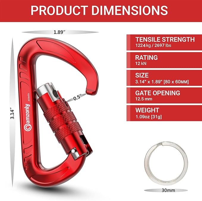 3inch Auto Locking Carabiner Clips Heavy Duty, 12KN /2697lbs Lightweight keychain carabiners, Sturdy Twist Lock Caribeeners for Camping Hiking Hammock Swing Backpack, dog leash and Harness etc