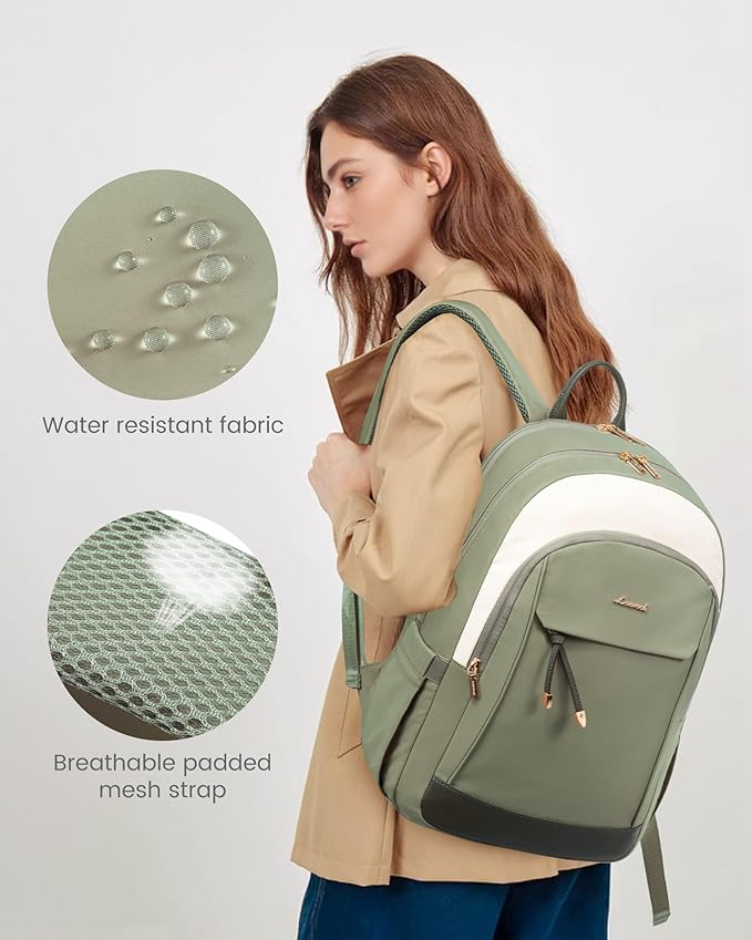 LOVEVOOK Laptop Backpack for Women, 15.6 inch Waterproof College Backpack Woman with Laptop Compartment Computer Bag Travel Backpack Purse, Large Black Computer Daypack for Work Casual, Beige green