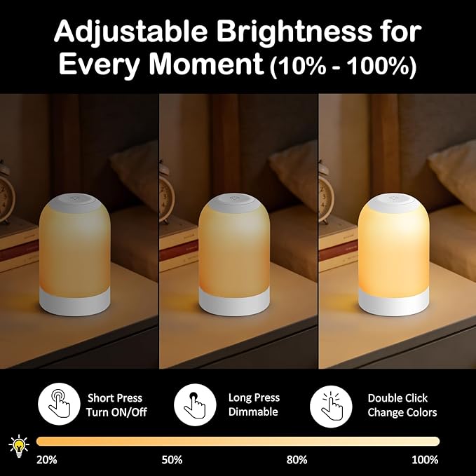 Rechargeable Night Light, LED Bedside Lamp with Brightness Memory, Portable Touch Table Lamp for Bedroom & Nightstand, Hanging Lantern for Camping, Emergency, Seniors
