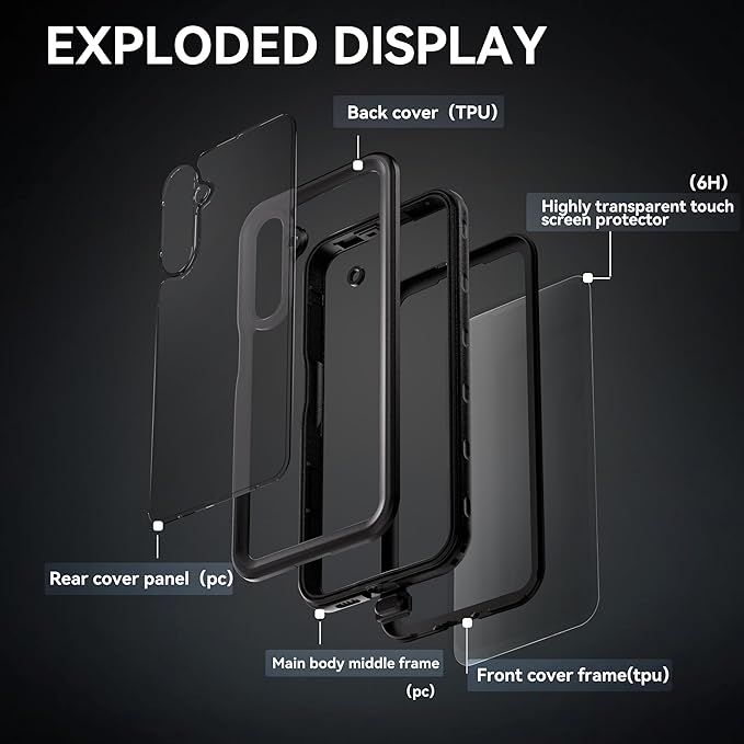 Hllhunkhe for Samsung Galaxy A16 5G Case Waterproof, [IP68 Waterproof Dustproof] [Built-in Screen Protector] Rugged Full Body Underwater Shockproof Protective Cover for Galaxy A16 5G Phone Case Black