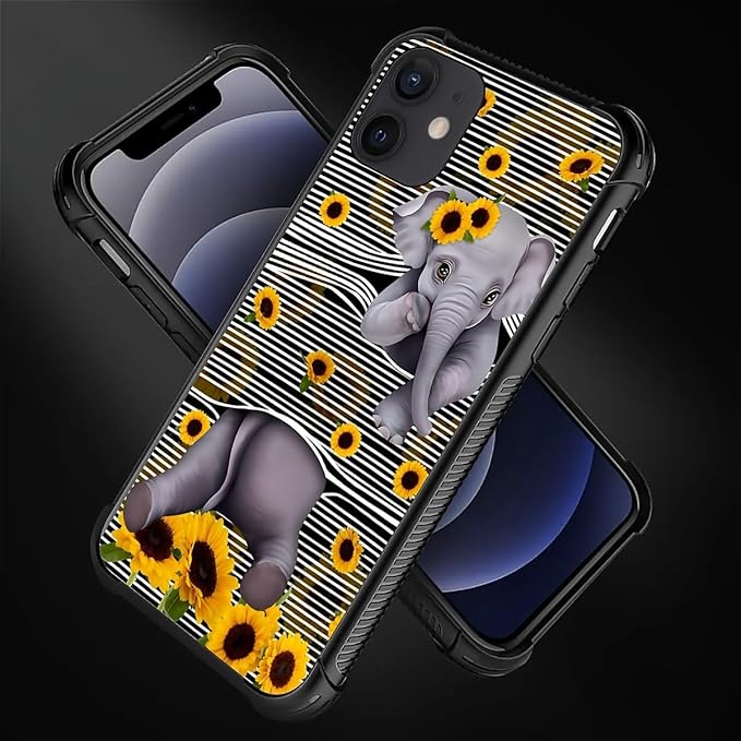 for iPhone 12 Mini Case, Cute Little Elephant Sunflower White Line Art Pattern Made of Soft Silicone Hard Acrylic Shock Protection for iPhone 12 Mini