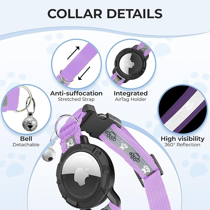 Breakaway AirTag Cat Collar, Reflective Cat Tracker Collar with Air Tag Holder and Bell, Safety Elastic Band Cat GPS Collars for Girl Boy Cats, Kittens and Puppies (Lilac, 8-13'')
