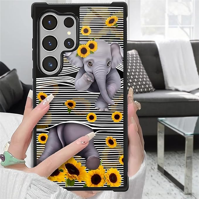 for Samsung Galaxy S26 Ultra Case,Graphic Design for Girl Boy Soft Silicone Hard Acrylic Shock Protection Designed Cute Little Elephant Sunflower White Line Art Pattern