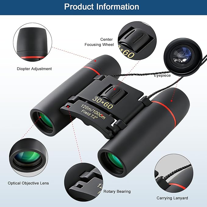 30x60 Mini Compact Binoculars for Adults Kids, HD Portable Waterproof Pocket Binoculars, Lightweight Folding Easy Focus for Bird Watching, Hunting, Concert, Theater, Travel Hiking Outdoor Sports