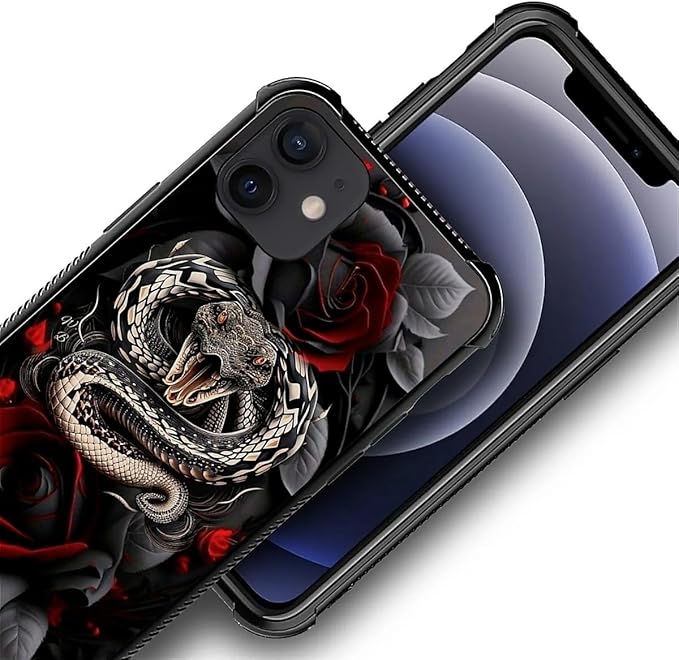 for iPhone 12 Mini Case, Entwined Rose Snake Pattern Graphic Design Girl Boy Soft Silicone Hard Acrylic Shock Protection for iPhone 12 Mini