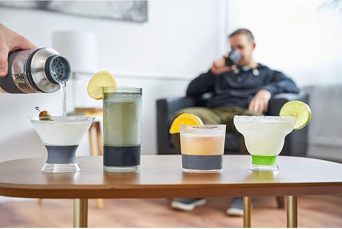 Host Freeze Insulated Martini Cooling Cups for Espresso Martinis, Gifts for Mom, Housewarming Gifts for Women, Plastic Freezer Gel Chiller Double Wall Stemless Cocktail Glasses, Set of 2, 9 oz, Gray