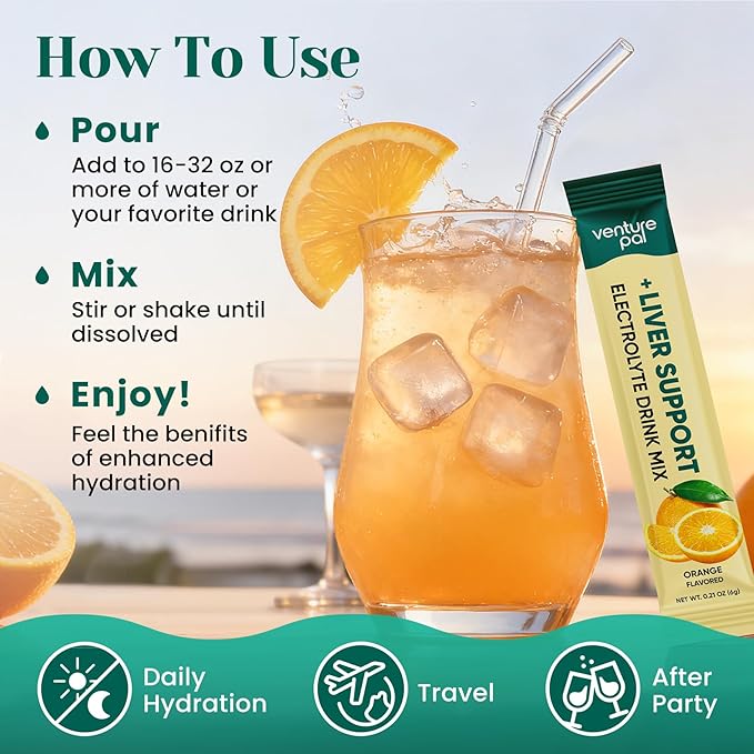 Venture Pal Hydration Packets + Liver Support- Liquid Daily IV Electrolyte Powder Packets with 7 Electrolytes & 5 Vitamins, Milk Thistle + L-Theanine | Sugar-Free | Keto Friendly | Vegan, 16 Sticks
