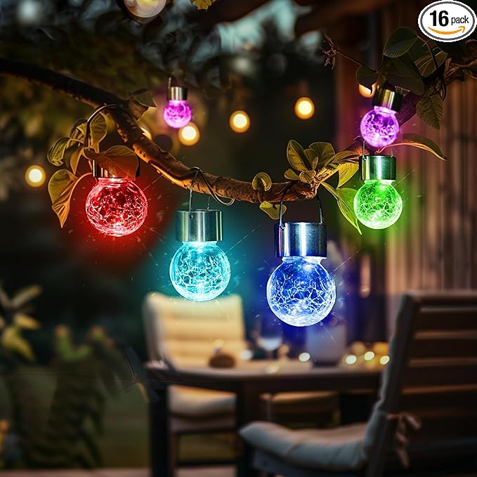 GIGALUMI Solar Lights Outdoor Waterproof, 16 Pack Solar Hanging Lights Garden Decor, Gifts for Women, Solar Outdoor Lantern Waterproof Cracked Glass for Yard, Fence, Tree(Color Changing)