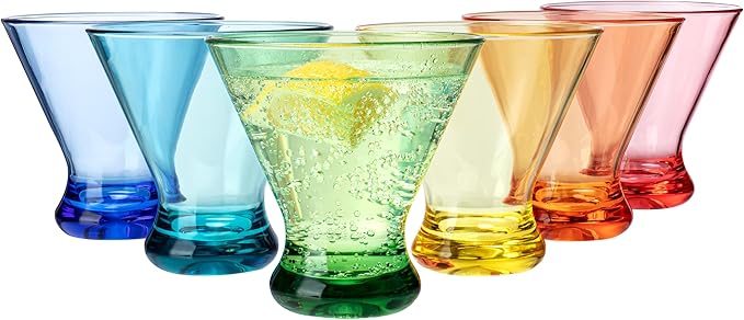 KOXIN-KARLU 9 oz Acrylic Martini Glasses, Plastic Stemless Martini Cocktail Glasses, set of 6 Multicolor, Perfect for Indoor and Outdoor, Shatterproof