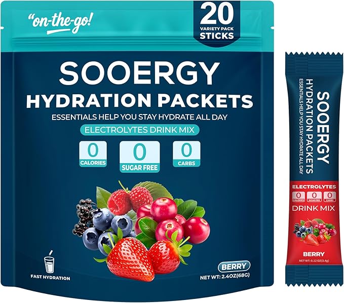 Electrolytes Powder Packets Sugar Free Hydration Packets, Liquid Daily IV Electrolyte Drink Mixex for Rehydration with Electrolytes, Vitamins, 0 Calorie, Mix Berry Flavor, 20 Sticks