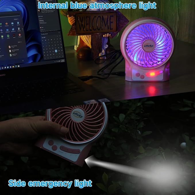 efluky 3-Speed Mini Desk Fan with LED Light, Portable USB Fan Quiet for Home, Office, Travel, Camping, Outdoor, Indoor, 4.9-Inch, Pink