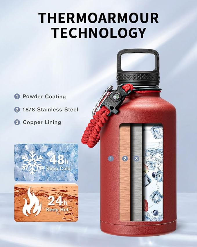 Trebo Water Bottle 64oz with Paracord Handle, Half Gallon Large Vacuum Triple Wall Stainless Steel Insulated Water Jug with Holder Strap Straw Spout Lids, Leakproof Keep Cold & Hot, Red