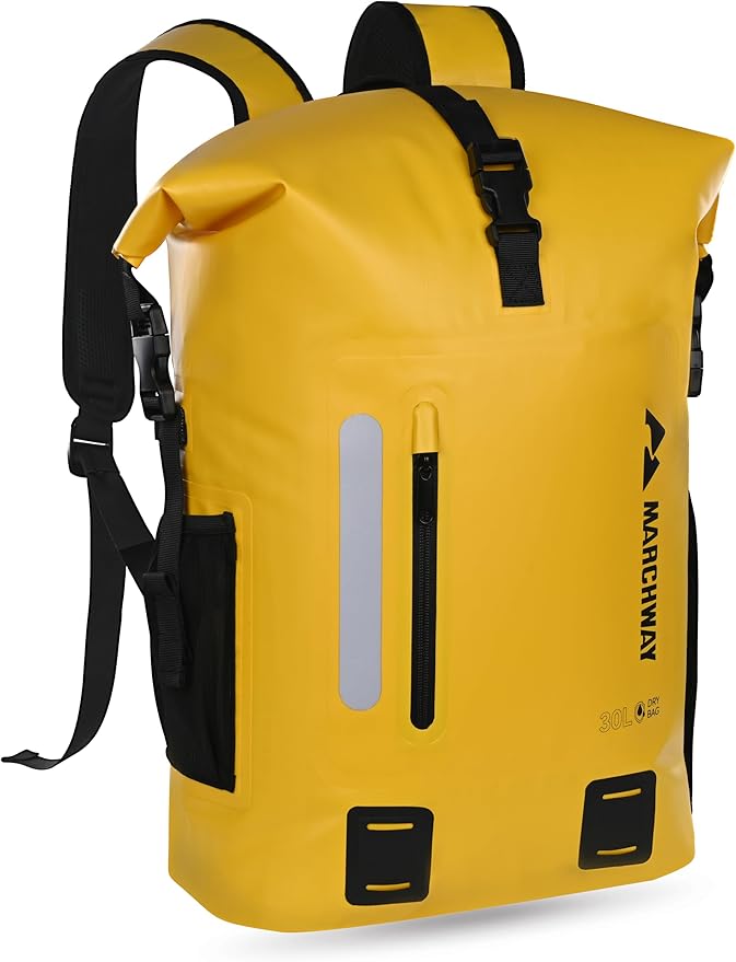 MARCHWAY Roll Top Waterproof Backpack, Floating Dry Bag 20L/30L/45L with Ergonomic Rectangular Base, Cushioned Back, Hip Strap for Hiking Camping Kayaking Travel (Yellow, 30L)
