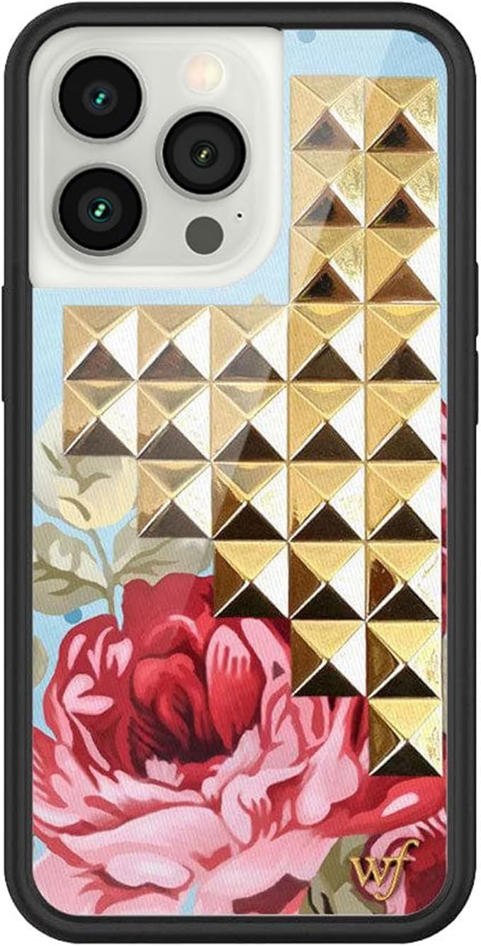 Wildflower Cases - Compatible with iPhone 13 Pro | Protective Black Bumper, 6.5ft Drop Test Certified, Women Owned Small Business | Flowers Pink Gift Cute Trendy | Blue Floral with Gold Pyramid