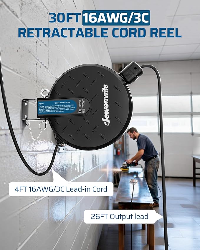 DEWENWILS 30FT Retractable Extension Cord Reel, Ceiling/Wall Mount 16/3 SJTW Power Cord with 3 Lighted Triple Outlets for Garage Shop, 10 Amp Circuit Breaker, Metal Plate, ETL Listed, Black
