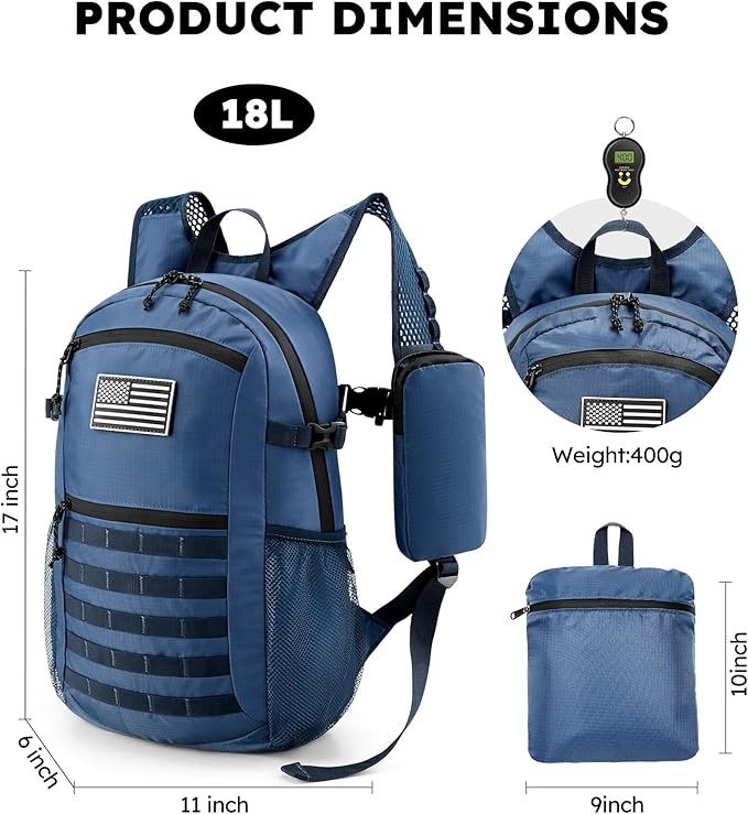 Small 20L Foldable Hiking Daypack for Men Women – Ultra Lightweight Tactical Packable Backpack for Travel, Camping Outdoor, Blue