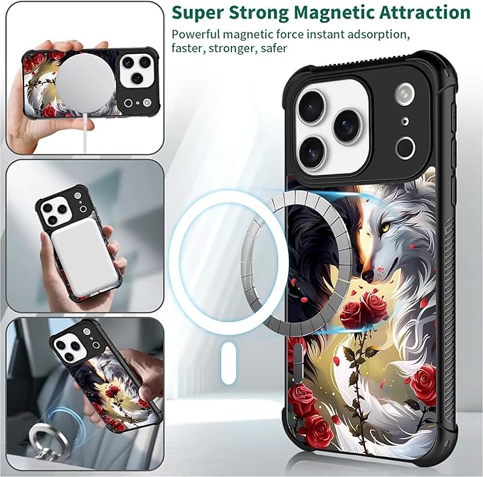 for iPhone 17 Pro Case,for MagSafe Graphic Design for Girl Boy Soft Silicone Hard Acrylic Shock Protection Designed for iPhone 17 Pro Black White Wolf Moon Flower Rose Pattern