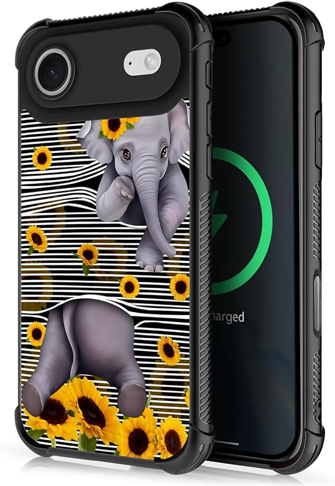 for iPhone 17 Air Case,for MagSafe Graphic Design for Girl Boy Soft Silicone Hard Acrylic Shock Protection Designed for iPhone 17 Air Cute Little Elephant Sunflower White Line Art Pattern