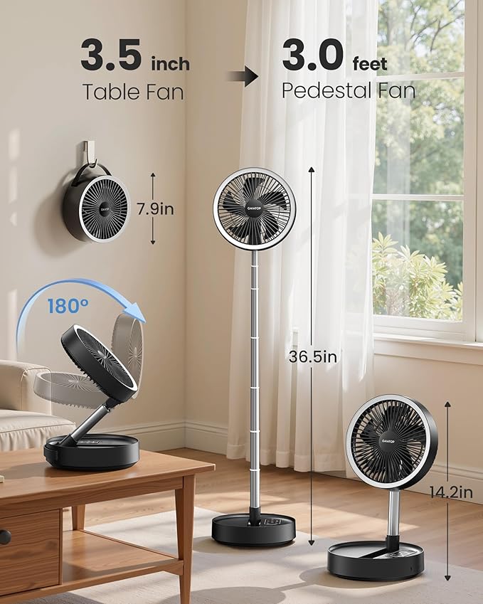 Gaiatop Portable Pedestal Fan 16000mAh Battery [Max 74h Runtime], Foldable Oscillating Standing Fan, Collapsible Desk Fans, LED Light, Case & Remote Control 4 Speeds for Outdoor Travel Camping (Black)