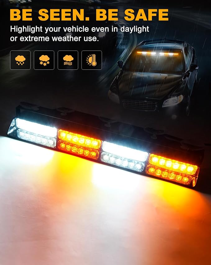 HLauto 6Z4J Emergency Dash Strobe Lights: 2x16.8 inch Amber White Safety Lights, 48 LED Flashing Warning Hazard Interior Windshield Visor Traffic Light Bars for Trucks, Construction Vehicles