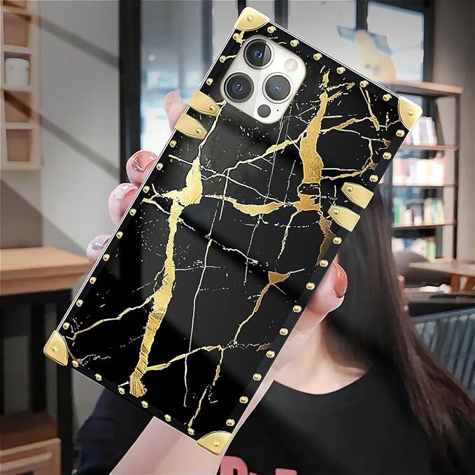 Compatible with iPhone 12 Case, Black Gold Marble Nature Luxury Golden Decoration for Girl Women Soft TPU Shockproof Protective Hard PC Back for iPhone 12 Pro