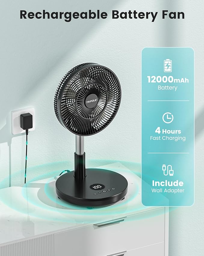 TriPole Foldable Standing Fan 12" Portable Rechargeable Battery Pedestal Fan with Remote, Timer Setting, Height Adjustable, for Home Office, 6 Speed, 12000mAh (Black)