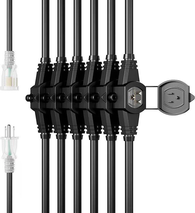 50FT Power Extension Cord - 3 Prong, 14 Gauge SJTW 5-15R Cable with Male Plug to Female Connector, 7 Outlet, Multiple Evenly-Spaced Plugs, Suitable for Stage or Outdoor, UL Certified