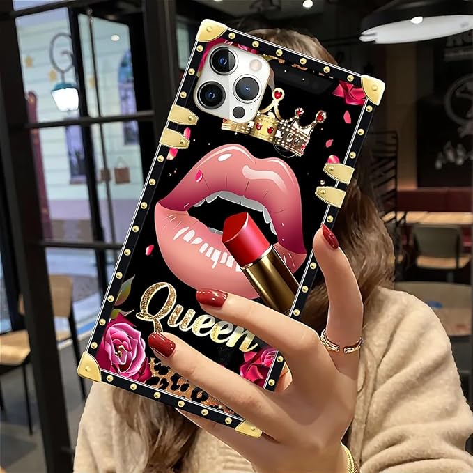 Compatible with iPhone 12 Case, Glitter Red Rose Queen Leopard Lipstick Luxury Golden Decoration for Girl Women Soft TPU Shockproof Protective Hard PC Back for iPhone 12 Pro