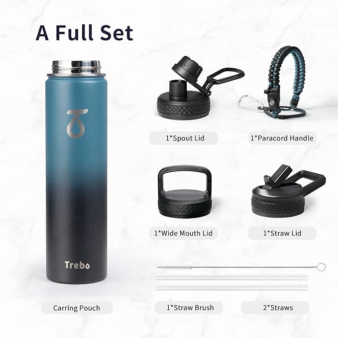 Trebo 24 oz Water Bottle Insulated with Lid and Straw,Triple Wall Vacuum Stainless Steel Metal Tumbler Sports Flask with Paracord Handle, Keep Cold 48 Hours Water Cup with 3 Lids, Indigo/Black