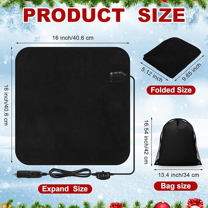 Tuanse 16 x 16 Inches Car Electric Blanket 12 Volt Heated Car Blanket with Temperature Controller and Black Storage Bag Cold Weather Tailgating and Emergency Kit(Black,Blank)