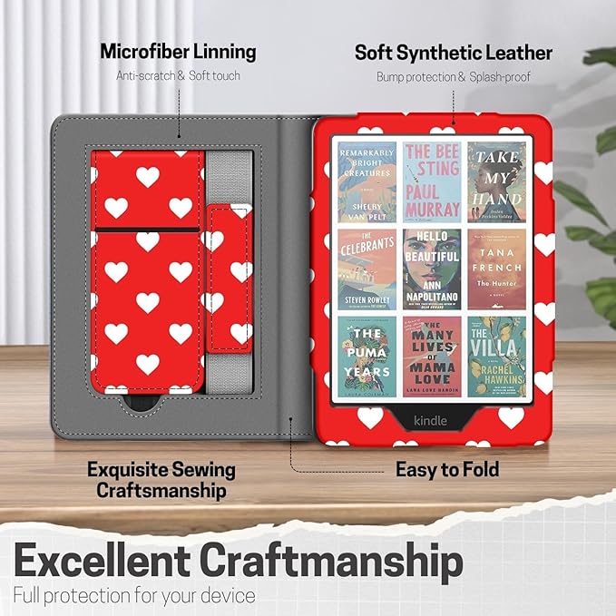 TNP Stand Case for Kindle Paperwhite 12th Generation 2024 / Kindle Colorsoft Signature Edition with Hand Strap & Card Slot - 7" PU Leather Protective Folio Cover with Auto Wake/Sleep, White Love Heart