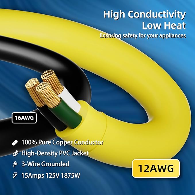 12 Gauge Outdoor Extension Cord 25 FT Waterproof, 3 Prong Plug, SJTW Heavy Duty 15A 1875W, Yellow Extension Cable with Lighted end for Commercial Use and Major Appliances, ETL Listed