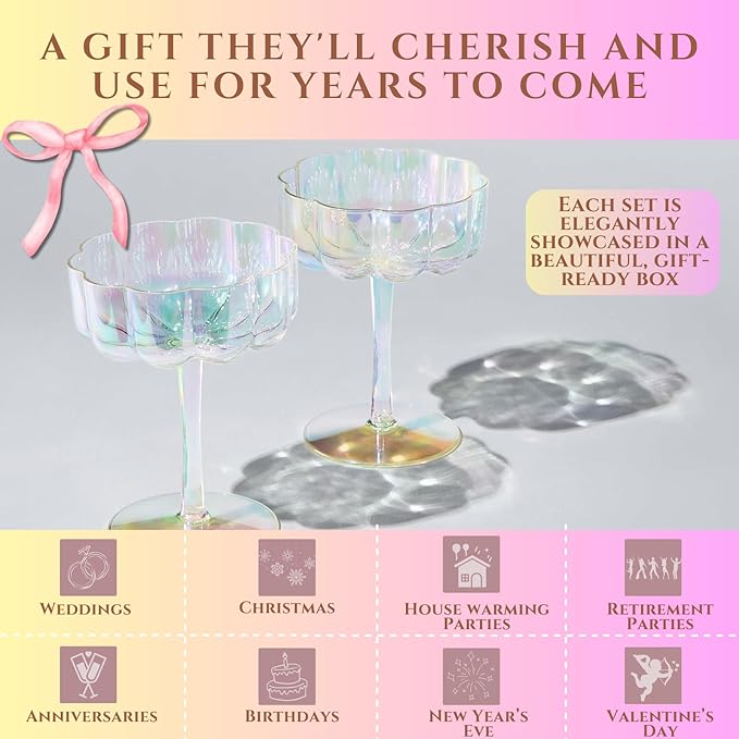 Khen Shatterproof Acrylic Flower Wavy Vintage Art Deco Martini, Champagne & Cocktail Iridescent Rainbow Plastic Tritan Coupe Glasses | 4 Set | 8.5oz Glassware Classic Cocktail Indoor & Outdoor Set