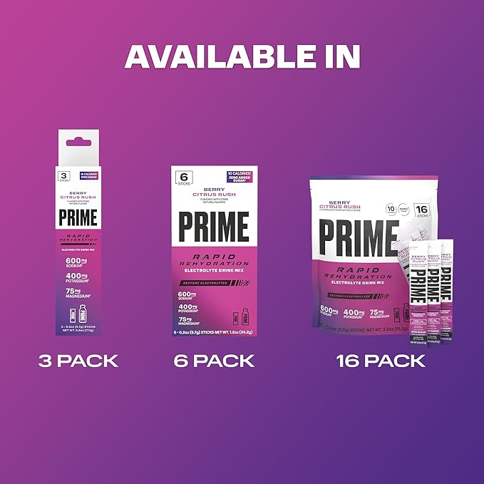 PRIME Rapid Rehydration Electrolyte Powder Sticks, Berry Citrus Rush, Sugar Free Hydration Drink Mix with Sodium, Potassium, Magnesium & B Vitamins to Replenish Fluids, Caffeine Free, 16 Count