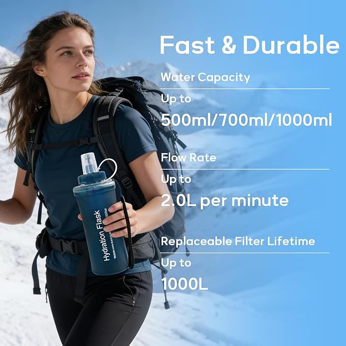 700ml Soft Flask Water Bottle, Collapsible Water Bottle with Filter, Perfect for Hiking, Backpacking, and Camping - Dark Green
