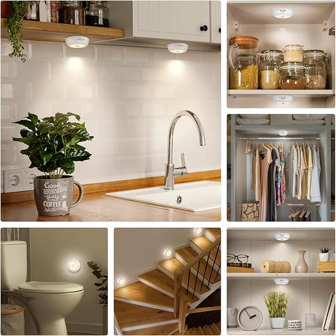 Reoshine Motion Sensor Light Indoor AA Battery Operated, Under Cabinet Lighting, Magnetic Stick on LED Puck Lights for Stair, Wall, Closet, Dimmable, 3000K Warm White (3 Pack)