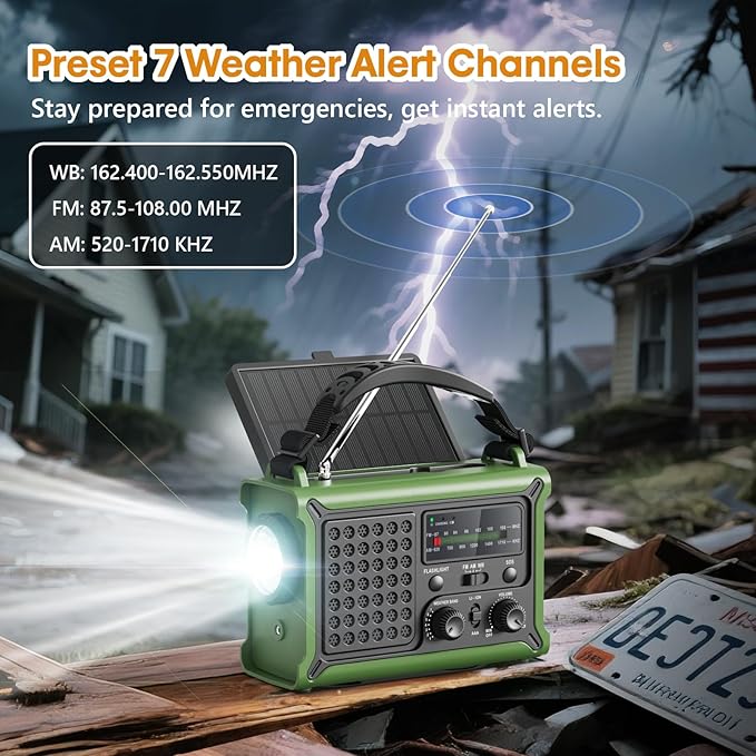 Raynic NOAA Weather Radio 12000mAh, Emergency Weather Radio with 2X Faster Solar & Hand Crank Charging, 5W Flashlight, Reading Lamp, Cell Phone Charger, SOS for Hurricane, Storm, Camping