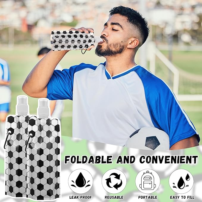 LemonRoad 24 Pack Collapsible Water Bottles Bulk 16 oz Sports Water Bottles with Carabiner Drinking Leak Proof Bags for Sports Party Favors Team Gifts Biking Hiking Travel Outdoor(Soccer Style)