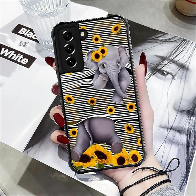 for Samsung Galaxy S21 Case, Cute Little Elephant Sunflower White Line Art Pattern Graphic Design Girl Boy Soft Silicone Hard Acrylic Shock Protection for Samsung Galaxy S21