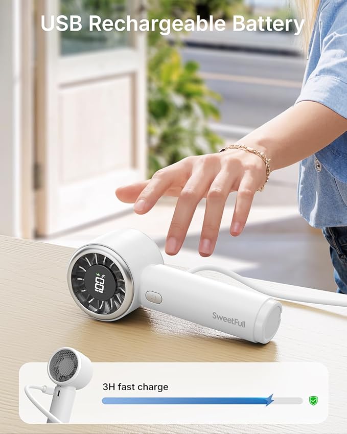 SWEETFULL Mini Fan Portable - Cute Handheld Turbo Fan with Rechargeable Battery, 5 Speeds, Small Hand Personal Travel Essentials for Women, Girls, Kids, Lash, Makeup - White