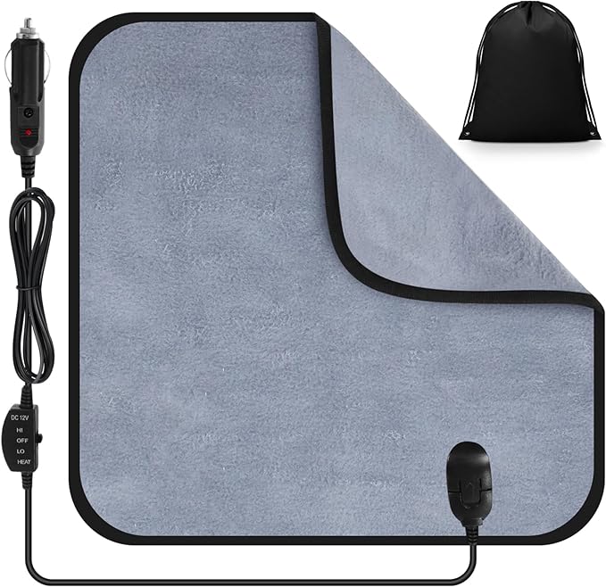 Tuanse 16 x 16 Inches Car Electric Blanket 12 Volt Heated Car Blanket with Temperature Controller and Black Storage Bag Cold Weather Tailgating and Emergency Kit(Grey,Blank)