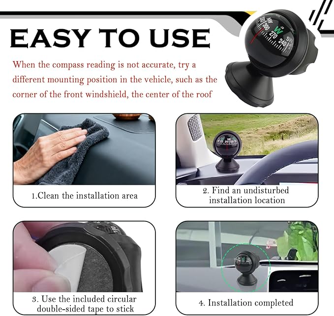 Compass for Car with Bottom Stick Car Compass Ball,Adjustible and Night Vision Car Compass Dashboard for Find Direction,Universal Car Accessories for Boat Car Truck SUV