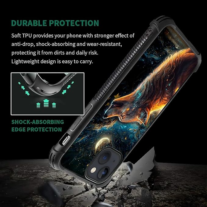 for iPhone 15 Case, Star Cave Hungry Wolf Pattern Graphic Design Girl Boy Soft Silicone Hard Acrylic Shock Protection for iPhone 15