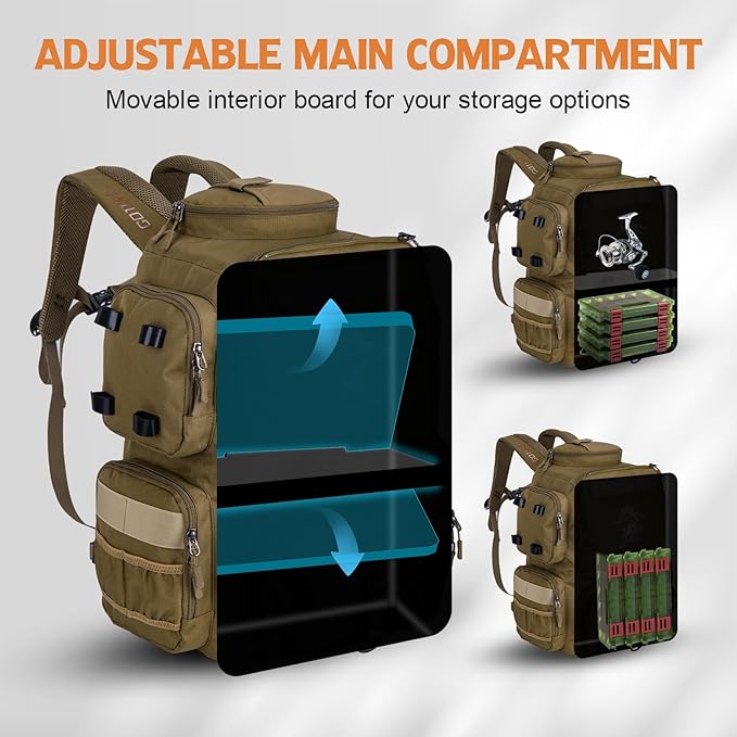 Goture Fishing Backpack, 900D Water-Resistant Tackle Backpack with Rod Holders, 58L Large Storage Gear Fishing Tackle Bag with Detachable Crossbody Bag,8 Lure Pockets,Bottle Holder for Camping Hiking