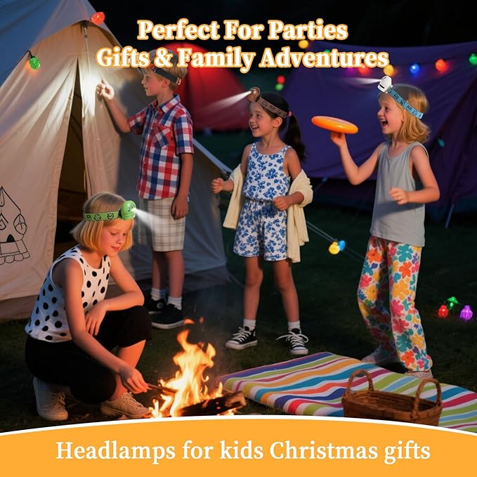 KunHe 8 Pack LED Kids Headlamp with Animal Designs Adjustable Headlight for Camping Running Christmas Stocking Stuffers Christmas Gifts for Girls Boys Batteries Included