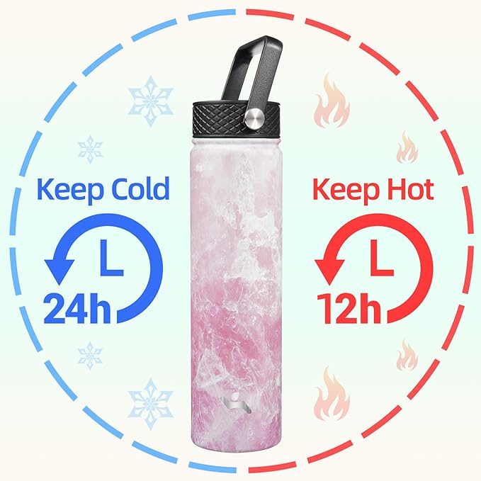 Konokyo Insulated Water Bottle 24oz Stainless Steel Sport Bottles with 3 Lids,Marble Blossom