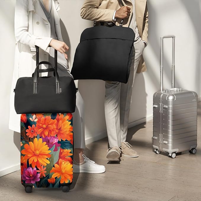 ANNA QUEEN Boho Floral Luggage Cover,Spring Orange Flower Pattern Suitcase Protector,Stretchable,Washable & Water Resistant, Universal Fit for 20-22 Inch Checked Baggage